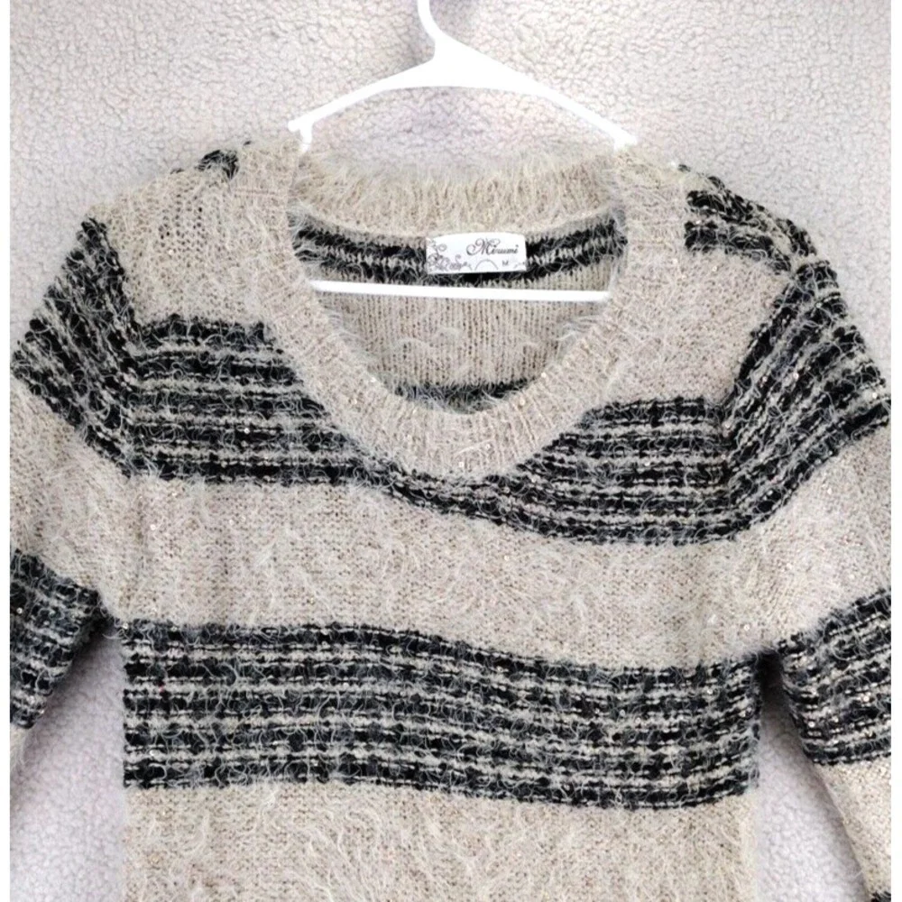 Mirumi Striped Fuzzy Knit Sweater‎ Dress Long Sleeve Sparkle V Neck M